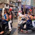 ಚಲಿಸುತ್ತಿರುವ ಸ್ಕೂಟರ್ ಮೇಲೆ ಕುಳಿತು ಸ್ನಾನ ಮಾಡಿದ ಪ್ರೇಮಿಗಳು…